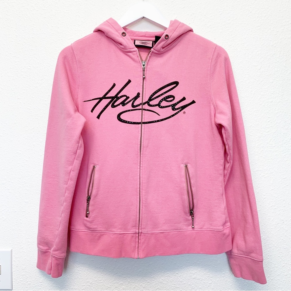HARLEY DAVIDSON Pink Full Zip HoodiE Black Rhinestone Logo Y2K Vintage SIZE M